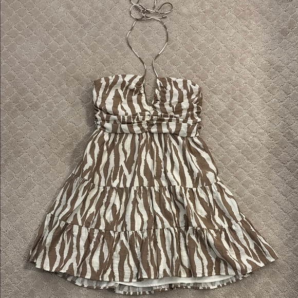 Day + Moon Brown and Cream Zebra Ruched Mini Halter Dress Small - Picture 1 of 3